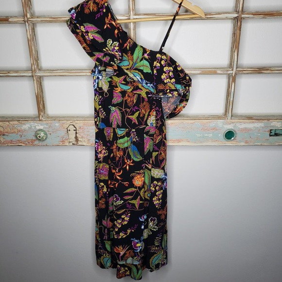 H & M Rainforest Floral Ruffle One Shoulder Viscose Dress size 6 - Picture 10 of 16